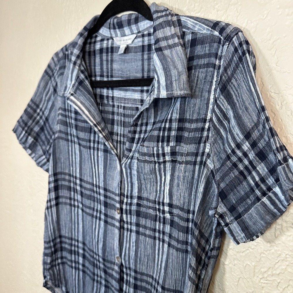Lucky Brand Crinkle Gauze Cotton Blue Plaid Button Up Shirt Women S Short Sleeve